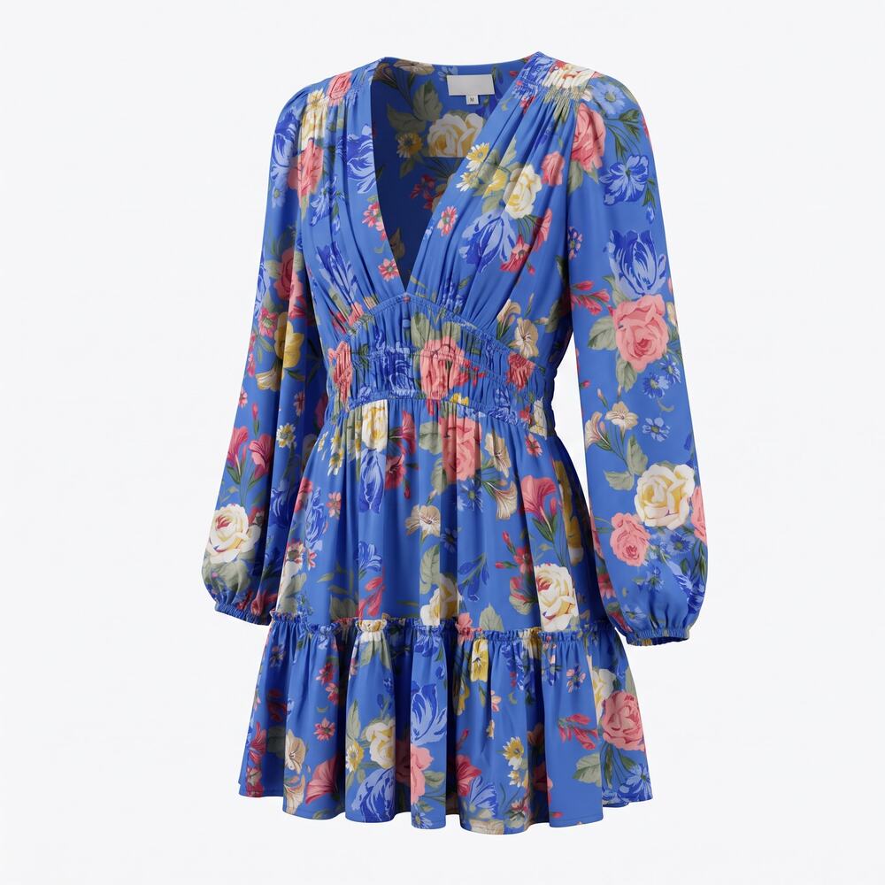 YUMI KIM blue floral print dress with v-neck and long puff sleeves size M